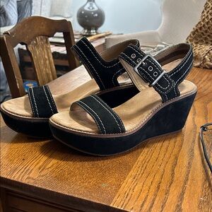 Clarks Black Wedge Sandals with Buckle